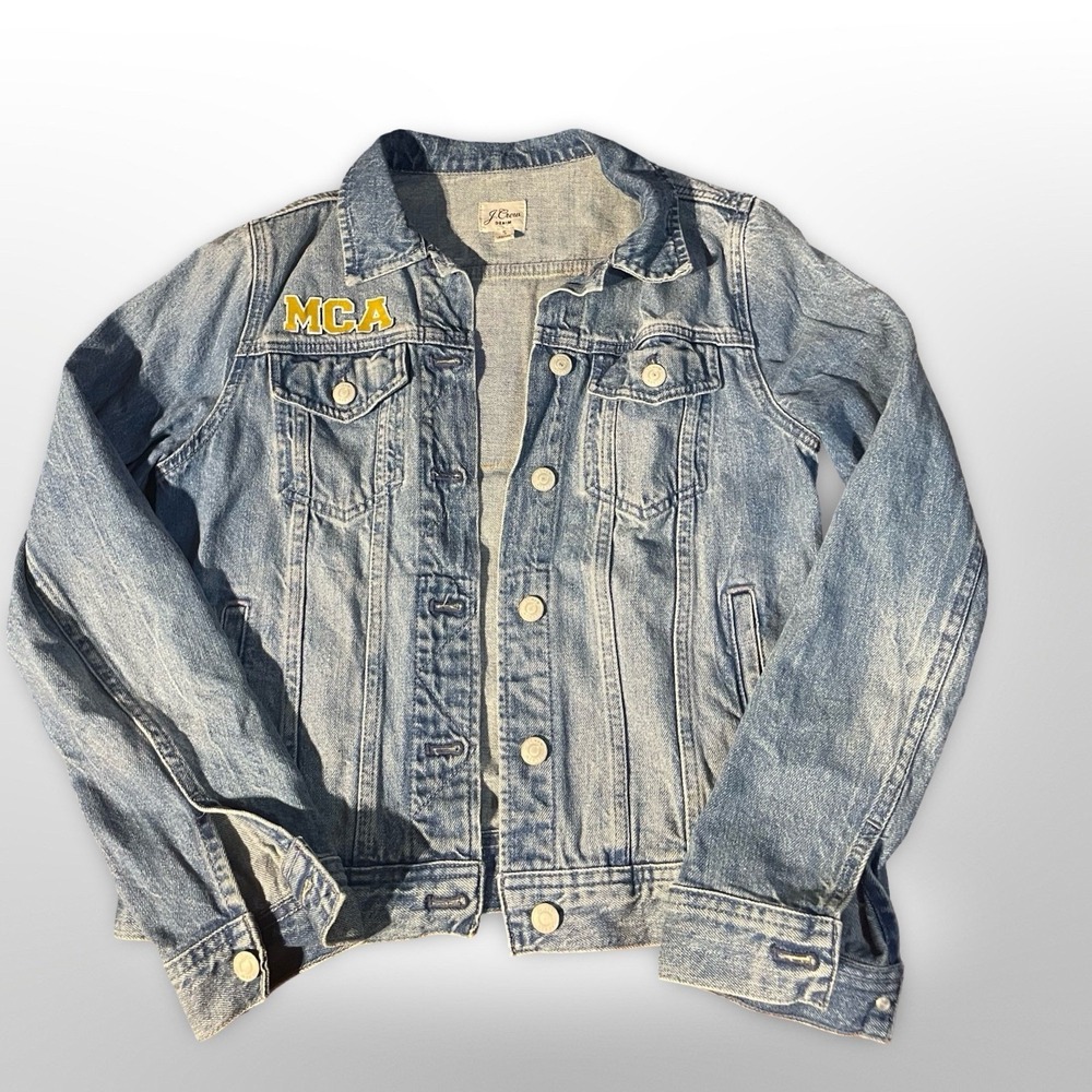 J. Crew Denim Jacket MCA‎ Mustangs EST 92 Blue Size S Embroidered Patch